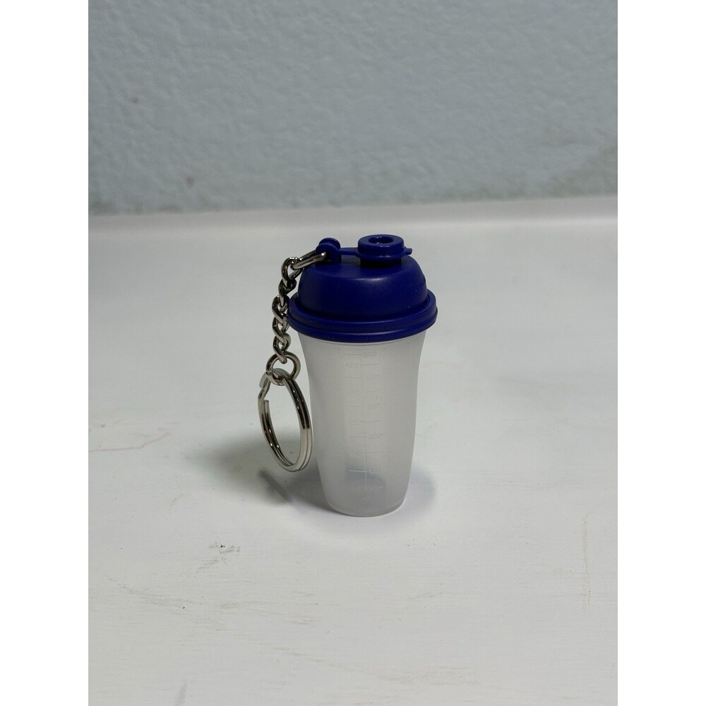 Tupperware Mini Shaker Mixer Bottle Blue Lid Keychain 2.5" New Vtg